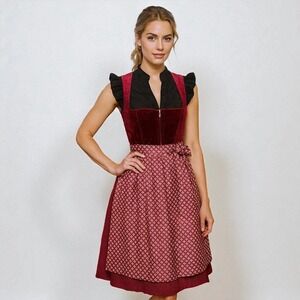 New Medium Oktoberfest Red Burgundy Velvet Dirndl Dress Bavarian German Festival